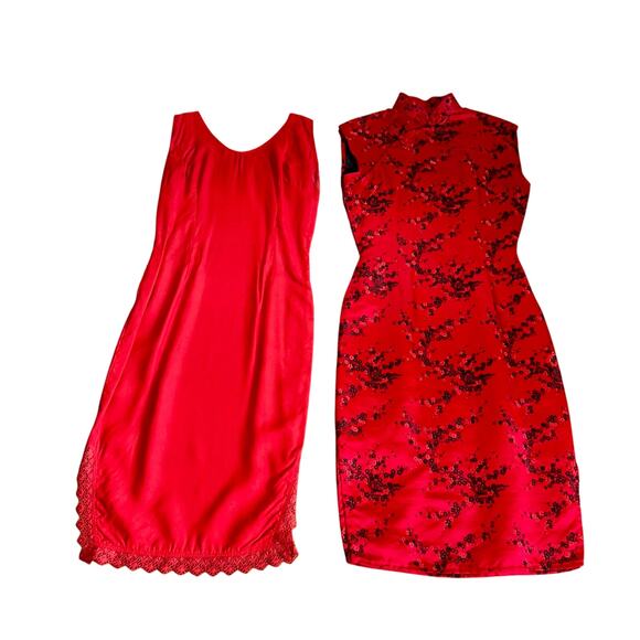 Vintage 1980s Chinese Brocade Cheongsam Dress Red/Black Satin Silk with Slip - Picture 9 of 16